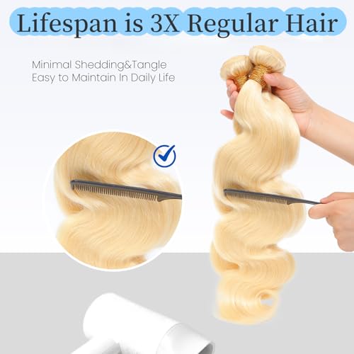 613 Bundles Human Hair 20 22 24 Inch Blonde Body Wave Bundles 100% Unprocessed 16A Brazilian Virgin Hair 3 Bundles Human Hair Body Wave Hair Extensions for Women can be Dyed Bleached