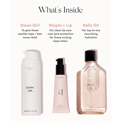 HATCH Mama Must Haves Kit - Belly Oil, Nipple + Lip Rescue Balm, and Down Girl Soothing Leg + Foot Relief - 3 Piece Set - Maternity Essentials