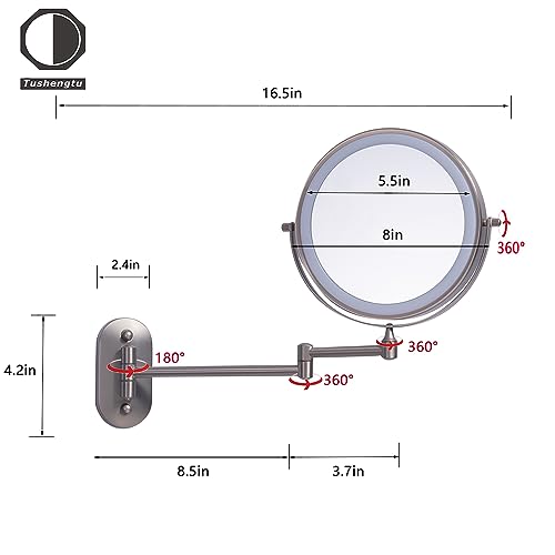 Rechargeable Wall Mounted Lighted Makeup Vanity Mirror with 10X/1X Magnification for Shaving, 8Inch Brushed Nickel Magnifying Mirror Makeup Wall Mounted with Light,13 Inch Extendable (8CB-N10X)