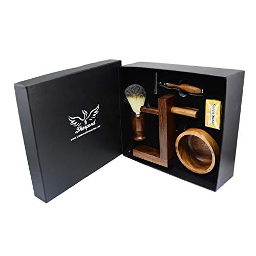 Safety Razor Shaving Kit, Double Edge Razor Blades,Hair shaving Brush wood Handle, Wood Shaving Bowl And Shaving Stand Kit, Wet Shave Grooming Set for Men Best shaving set Gift For Gentleman