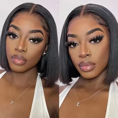 Blunt Cut Bob Wig Brazilian Hair Straight Bob Natura Color Lace Front Human Hair Wig Pre Plucked Pixie Cut Short Bob Virgin Hair 13x6 HD Transparent Invisible Lace Wig 150% Density 8inch