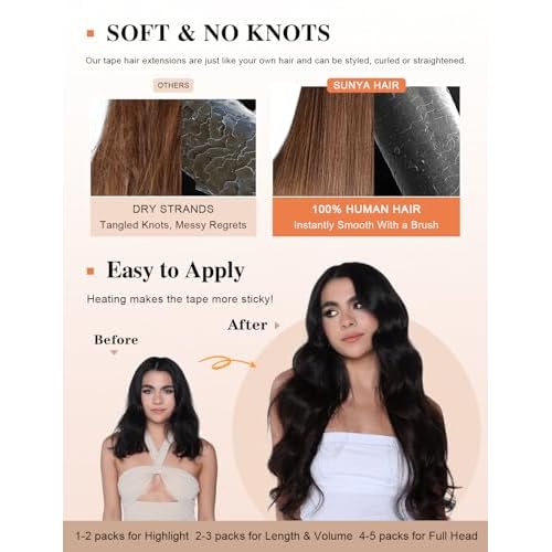 Sunya Tape in Hair Extensions Human Hair 30 Inch Long Straight Seamless Skin Weft Jet Black Tape in Hair Extensions #1 60g/Pack 20Pcs