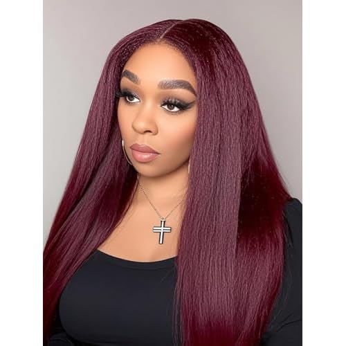 99J Burgundy Kinky Straight Lace Front Wigs Human Hair Yaki Straight Human Hair Wigs for Women Brazilian Remy Hair Wigs Wine Red Colored Pre Plucked with Baby Hair 14 Inch