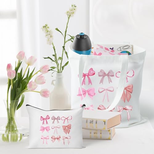 Y1tvei Pink Bows Canvas Bag - 2Pcs Coquette Bowtie Preppy Makeup Bag Set Cute Aesthetic Pink Bow Canvas Tote Bag, Reusable Grocery Folding Shopping Bag, Stuff Zipper Pouch Gifts for Women Party Favors