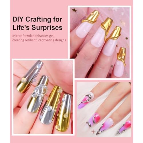 3D Nail Gel and Chrome Nail Powder BISHENGYF - 15g No Wipe 3D Sculpting with Rose Gold Chrome Powder Clear Non-Sticky Sculpting Gel for Home Art DIY