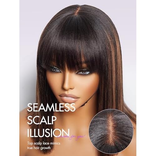 LUVME HAIR 12 Inch Yaki Straight Bob Wig with Bangs Human Hair Glueless HD Lace Bob Wig with Brown Highlights, Ready to Go Short Wigs For Women 180 Density Breathable Cap