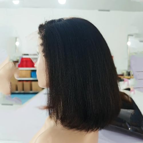 Natural Color 4C Kinky Edges Curly Baby Hair Hairline Yaki Straight Bob 13X4 HD Lace Front Pixie Cut Wig Glueless Human Hair Pre Plucked with Bleached Knots 180 Density for Black Woman 12 Inch