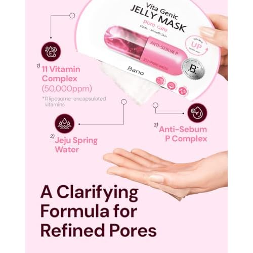 Vita Genic Jelly Face Pore Care Mask 10EA ? Hydrating Sheet Mask for Sensitive Skin, Korean Glass Skin Care with Spring Water, Vitamin C and Niacinamide, Sebum Control, Fragrance-Free