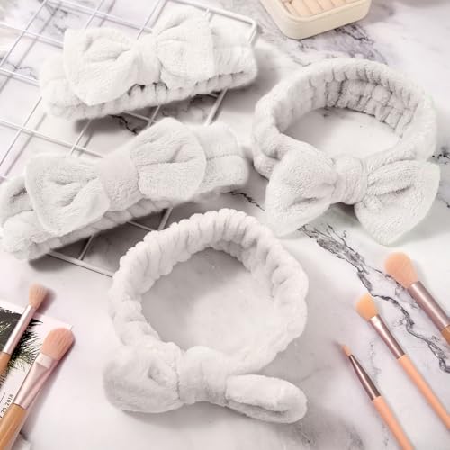Tigeen 52 Pieces Spa Headband for Washing Face Bulk Soft Coral Fleece Skincare Headband, Bow Makeup Cosmetic Hairband Fluffy Shower Spa Essentials for Girls Women Slumber Supplies(White,Solid Series)