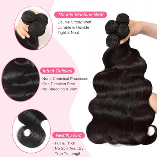 Human Hair Bundles 26 26 26 Inch Body Wave 3 Bundles Human Hair 12A Grade 100% Unprocessed Brazilian Virgin Hair Bundles Human Hair Extensions for Women Natural Black Color