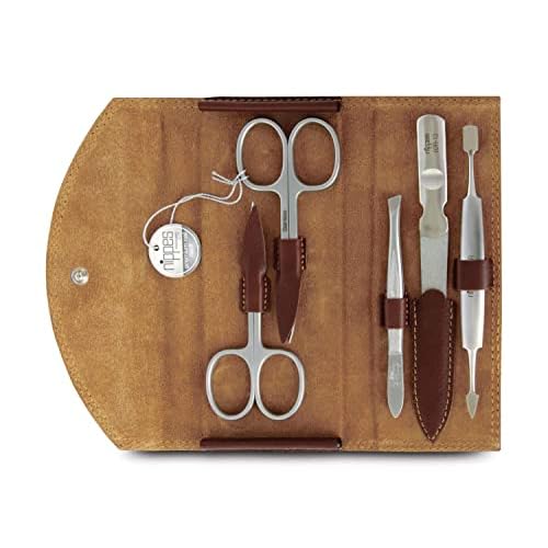 Nippes Solingen Manicure Set, 5-Piece, Stainless Steel and Nickel Free, Genuine Brown Cowhide Leather Case Made In Soligen Germany