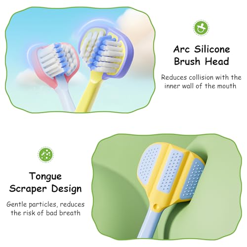 Toddler Toothbrush 4 Pack, Soft Baby Toothbrush Efficient 3 Sided Kids Tooth Brush for Ages 1-12 Years, Infant Training Tooth Brush Complete Tooth and Gum Care, Easy to Grip(Patent)