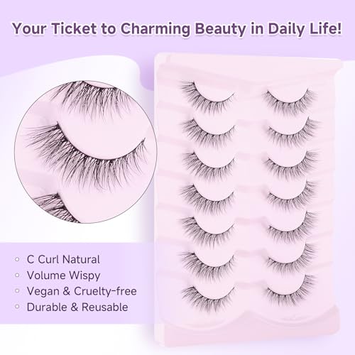 Natural Cat Eye Lashes False Eyelashes Natural 12mm Wispy Eyelashes with Thin Band 3D Volume False Lashes Soft Eye Lashes Pack C Curl Natural Eyelashes Fake Lashes 7 Pair EVENTILL