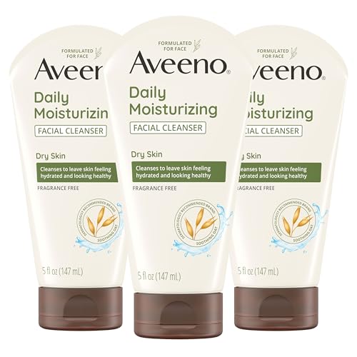 Aveeno Daily Moisturizing Facial Cleanser for Dry Skin, Hydrating Acne Face Wash with Soothing Oat for soft & Supple Skin, Free of Parabens, Sulfates, Fragrance, Dyes & Soaps, 5 fl. oz, 3 Pack
