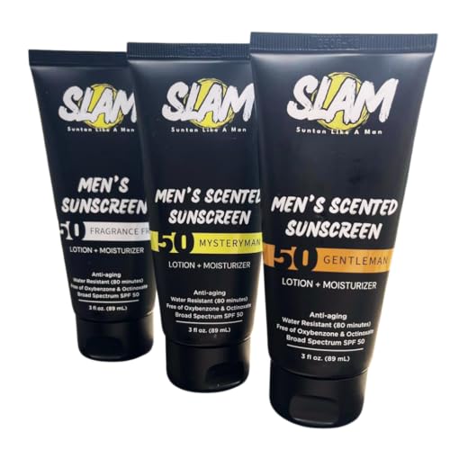 SLAM Men's Sunscreen Lotion SPF 50 & Moisturizer ? Face & Body Sunblock, Anti-Aging, Water-Resistant, Hawaii Act 104 Safe, Skincare for Men, Scented & Unscented ? 3 fl oz. each- Trio pack.