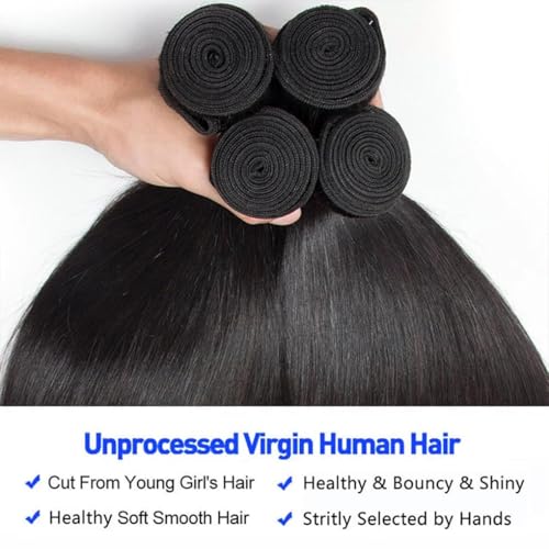 Straight Human Hair Bundles 24 24 26 26 Inch Trippy Hair Quick Weave 3 Bundles Human Hair 100% Unprocessed Raw Brazilian Virgin Hair Extensions for Black Women Natural Color