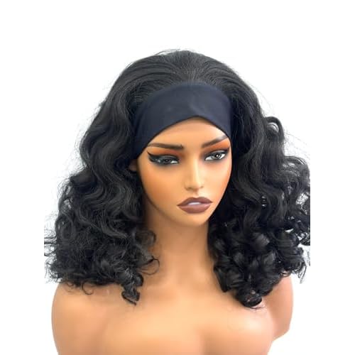 YAKI Body Wave Headband Wig Loose Curly Heabdand Wigs Glueless Synthetic Hair Natural Black Wigs for Black Women None Lace Front Wigs Headband Wigs 150% Density (Short)