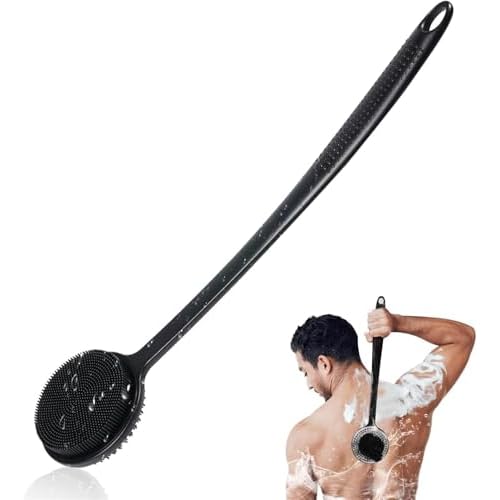 VWMYQ Silicone Back Scrubber for Shower, 17in Lengthen Long Handle Body Brush, Double Sided Shower Brush for Shower Exfoliating and Massage Can Produce Rich Foam, Long Handle Back Scrubber for Men.