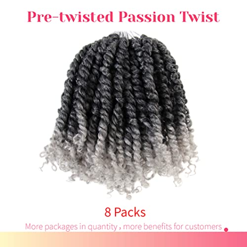 BOHOBABE Pre-twisted Passion Twist Crochet Hair 6 Inch Short Ombre Gray Pre-looped Crochet Passion Twist Braiding Hair 8 Packs (T1B/grey)