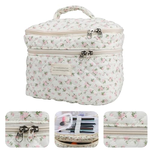 Dual Layer Cute Makeup Bag for Women(3 Pcs), Quilted Floral Coquette Aesthetic Make up Bags, Travel Cosmetic Bags Toiletry Organizer Bag(Pink Rose)