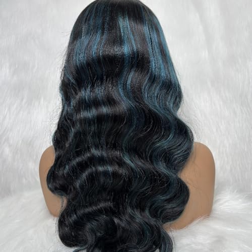 Highlight Blue Human Hair Wigs 13X4 Transparent HD Lace Front Wigs Ombre Green Body Wave Wig Human Hair 150% Density Body Bave Glueless Human Hair Wigs (16Inch)