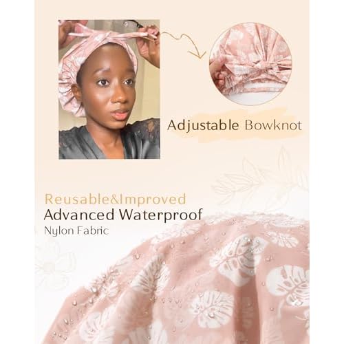 Yanibest Shower Cap for Women Reusable Waterproof, Adjustable Non-Slip Shower Hair Cap, Washable Bath Hat for Long Hair