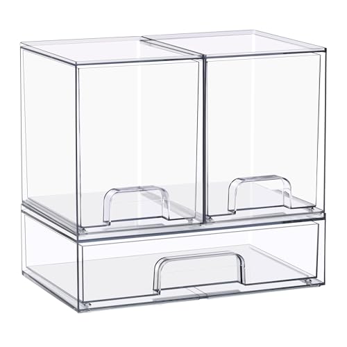 Sorbus Acrylic Storage Containers - 3 Pack, Stackable Storage Bins Set for Bathroom Organization - Clear Acrylic Drawer Organizers - Makeup Case Pull-Out Drawers (7.6’’ Tall and 12.1’’ Wide)