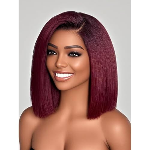 99J Burgundy Yaki Straight Bob Wig Human Hair Kinky Straight Lace Front Wigs Human Hair Pre Plucked with Baby Hair Pre Cut Lace Wig Short Wine Red Blunt Cut Bob Wigs 12 Inch