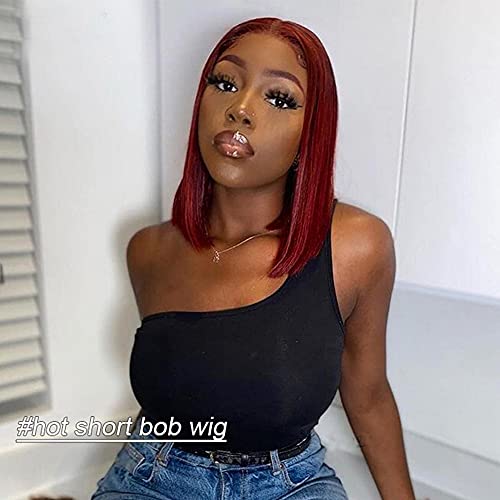 QUINLUX HD Transparent Lace Short Bob Human Hair Wigs Pre Plucked 13X6 Lace Front Wig 150% Density Brazilian Remy Bob Cut Human Hair wig for Woman #99j Color 12 inch
