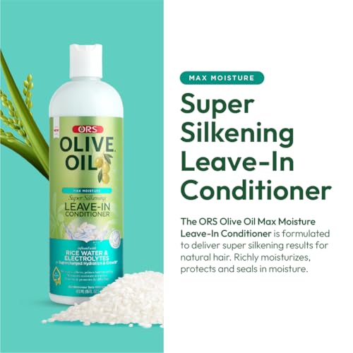 ORS Olive Oil Max Moisture Leave-In Conditioner with Rice Water and Electrolytes for Supercharged Hair Hydration 16.0 Ounces (Pack of 4)