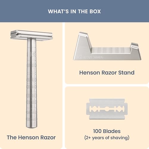 Henson AL13 Safety Razor Shave Set ? Includes Safety Razor, Stand & 100 Razor Blades ? Gentle, Precision Shaving Kit for Men & Women ? Aluminum Double Edge Razor for Smooth, Irritation-Free Shaves