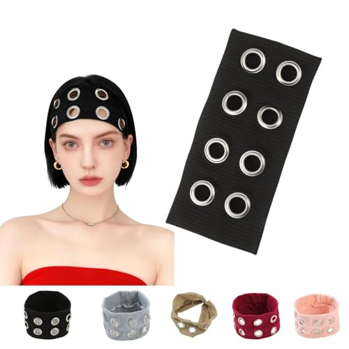 Grommet Headband for Women,Hollow Eyelet Elastic Headband,Wide Black Hollow Out Elastic Hair Band,Eyelets Stretchy Casual Hair Accessory(Black, Adjustable)