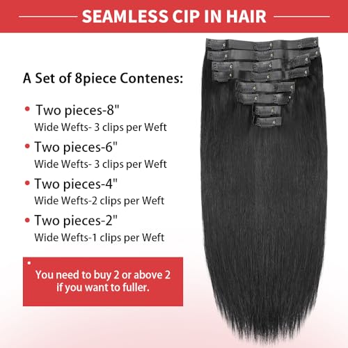 Seamless Clip in Hair Extensions Real Human Hair Full Head Natural Black PU Seamless Hair Extensions Straight 8pcs 120g Clip ins 100% Remy Human Hair Extensions For Women (26 inch, #1B)