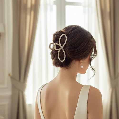 2-Pack Rhinestones Hair Claw Clip for Women, Large Gold and Sliver Metal Elegant Hair Clips Grils Bling Bow Shaped Claw Clip Hair Accessories