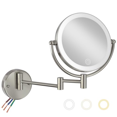 Wall Mounted Lighted Makeup Vanity Mirror with Magnification, 8 Inch Double Sides 10X Magnifying Bathroom Mirror 3 Color Lighting Touch Dimming, Extended Arm Shaving Mirror Hard Wired, Brushed Nickel