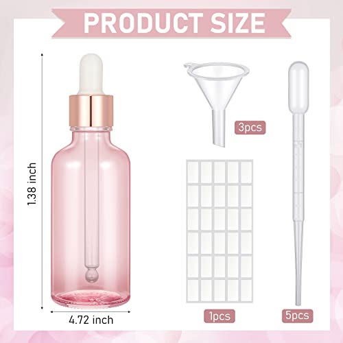Nuogo 50 Pack Eye Dropper Bottle with Caps, 2oz Glass Bottles Bulk with 5 Droppers for Essential Oils, 3 Plastic Funnels, 30 Labels Stickers for Perfume Liquid Body Oil Beauty Oil(Pink)