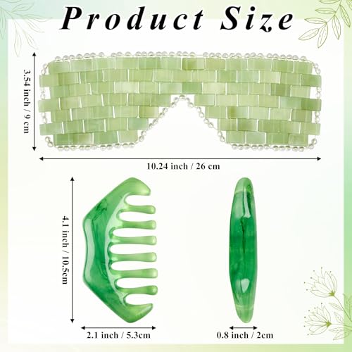 Hercicy 4 Pcs Jade Eye Mask and Hair Comb Set Green Jade Stone Eye Mask White Facial Cooling Set Guasha Scalp Comb Facial Massage Tool for Relax Alleviate Puffiness Esthetician Supplies