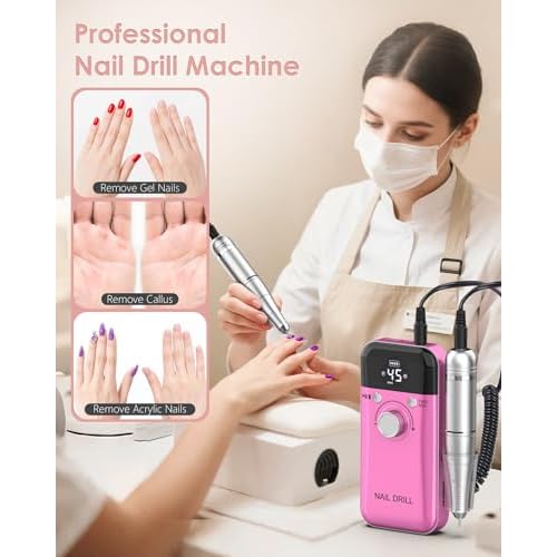 Portable Nail Drill Professional: 45000 RPM Rechargeable Electric Nail Drills Machine with 6 Bits, Drill para U?as Profesional E File for Acrylic, Gel Nails, Manicure & Pedicure - Salon & Home Use
