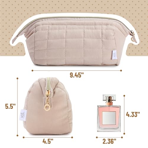 Ms. pen- Aesthetic Quilted Makeup Bag for Women, Beige, Puffy Padded Cute Makeup Bag Cute, Cosmetic Pouch, Quilted Pouch