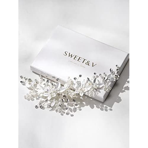 SWEETV Wedding Hair Clip Comb Handmade Bridal Hair Accessories for Women Wedding Hair piece,Silver