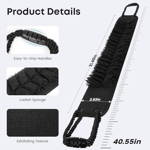 Back Scrubber with Handles for Shower, 40 Inches Dual-Sided Back Washer with Exfoliating Texture and Loofah for Men, Women and Elderly, Bath Back Exfoliator Body Cleaner for Deep Cleansing