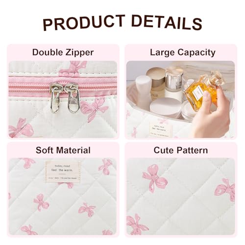 Makeup Bag, Quilted Bow Cosmetic Bag, Large Travel Aesthetic Make up Bag, Cute Coquette Toiletry Bag for Women Girls