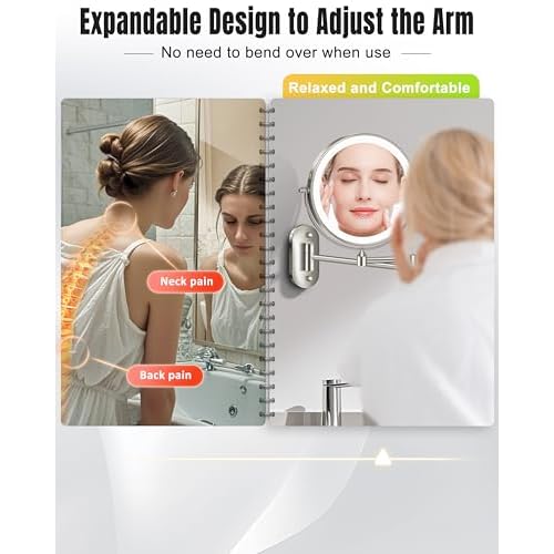 Wall Mounted Makeup Mirror with Light, 20X/1X 8'' Double Sided LED Magnifying Bathroom Lighted Vanity Mirror with Magnification, 3 Color Light up Touch Dimmable Extended Arm 360 Rotation