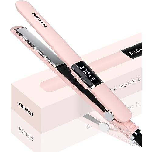 PRITECH Flat Iron Hair Straightener, Titanium Flat Iron with Adjustable Temp(290¡ÆF-450¡ÆF), 1 inch Plate for All Hairstyles Anti-Frizz Dual Voltage Straightening and Curler 2 in 1 (Pink)