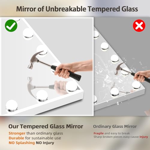 FENCHILIN Vanity Mirror with Lights 32''x23'' Tempered Glass Large Hollywood Mirror with 18 Dimmable Bulbs for Makeup Table/Hanging Bluetooth Speaker Mirror with Touch Screen & USB Charge Port