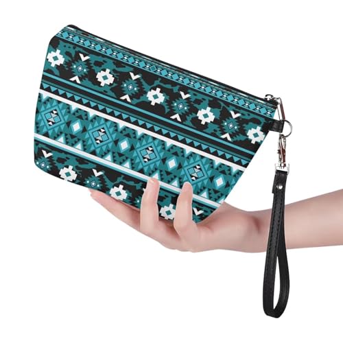 GIFTPUZZ Aztec Blue Cosmetic Makeup Bags Pouch Organizer Case Toiletry Storage Bag for Women Travel Gym Storage Brush Pouch Zippered Waterproof Coin Case