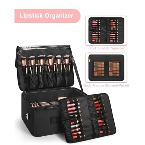 Relavel Extra Large Cosmetic Case, Travel Makeup Bag with 4 Clear Pouches & Lipstick Plate, Portable Cosmetic Case Storage Organizer Box for Makeup Artists with Shoulder Strap & Adjustable Dividers