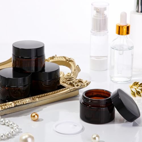 Patelai 4 Pack Amber Glass Jars with Lids, 1 oz Thick Amber Round Glass Jars for Travel Storage Makeup Beauty Products Face, Leakproof and Dishwasher Safe
