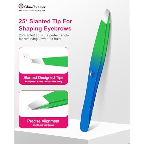 Exclusive G-01 Slant Tip Tweezers, GlamTweeler High Precison Expert Eyebrow and Facial Hair Removal Tweezer with Leather Storage & Carrying Case (Princess Blue & Green)