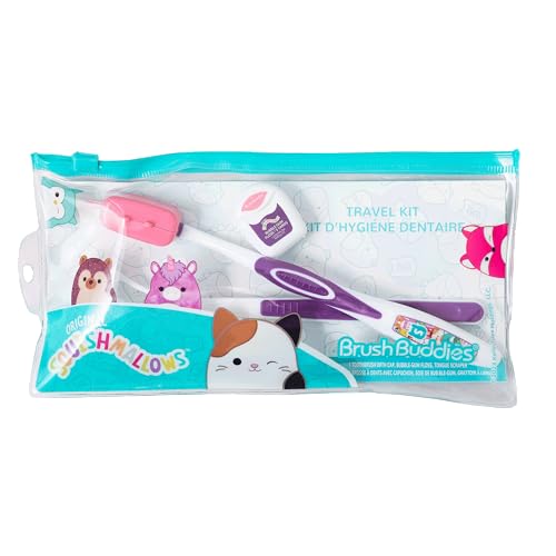 Brush Buddies Squishmallows Toothbrush Travel Kit, Dental Kit with Toothbrush, Tongue Scraper, and Floss
